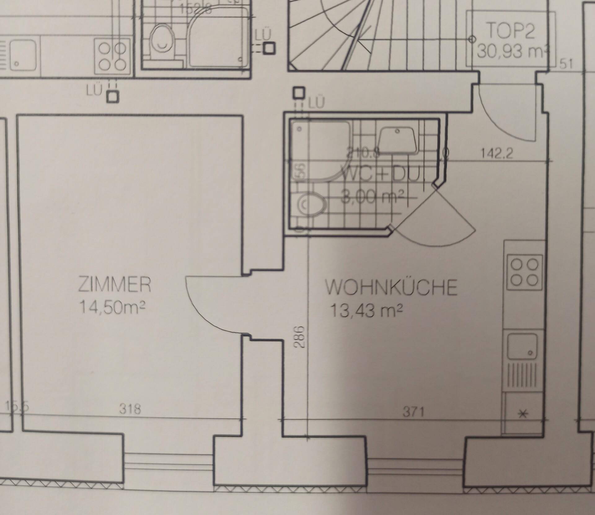 Detaillierter Grundriss einer Wohnung mit Wohnküche, Zimmer und Bad.