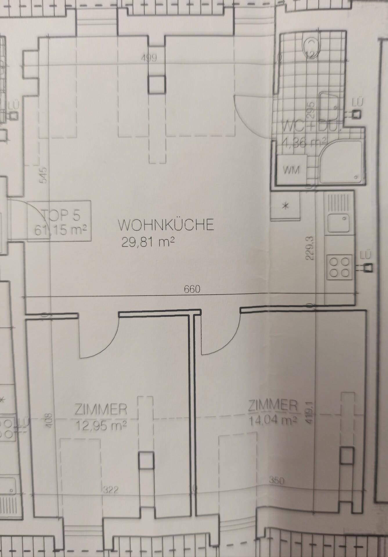 Grundriss einer großen Wohnung mit zwei Zimmern, geräumiger Wohnküche und Bad.
