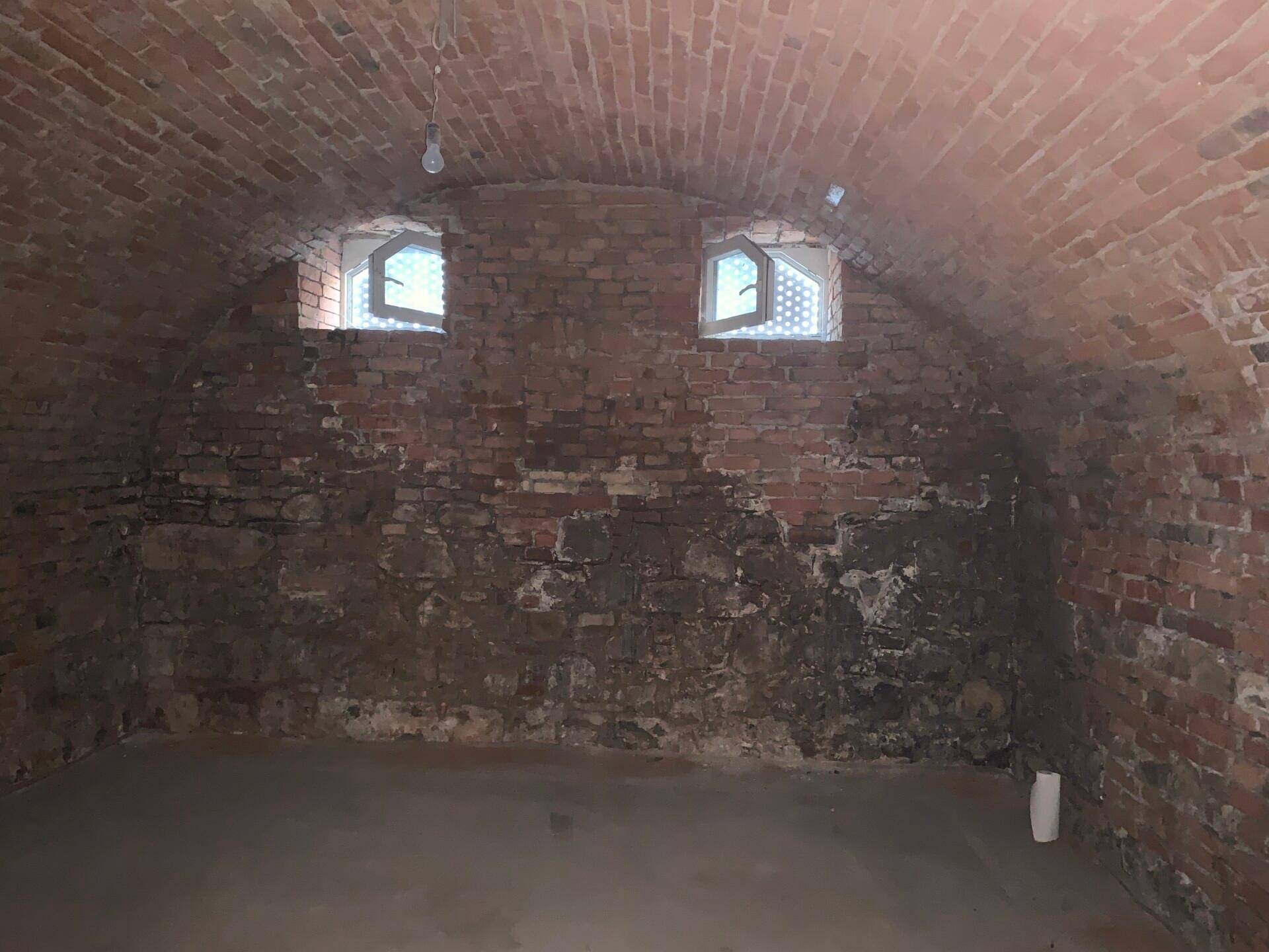 Historischer Kellerraum mit Ziegelwänden und Gewölbedecke, ideal für Weinlagerung.