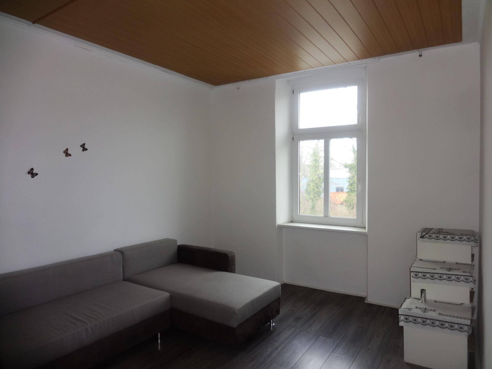 Wohnzimmer mit grauem Sofa, Holzpaneeldecke und einem Fenster mit Blick ins Grüne.