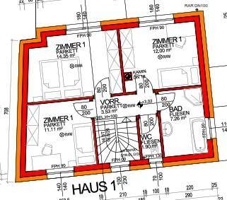 Grundriss des Obergeschosses mit drei Zimmern, Bad, WC und Vorraum.