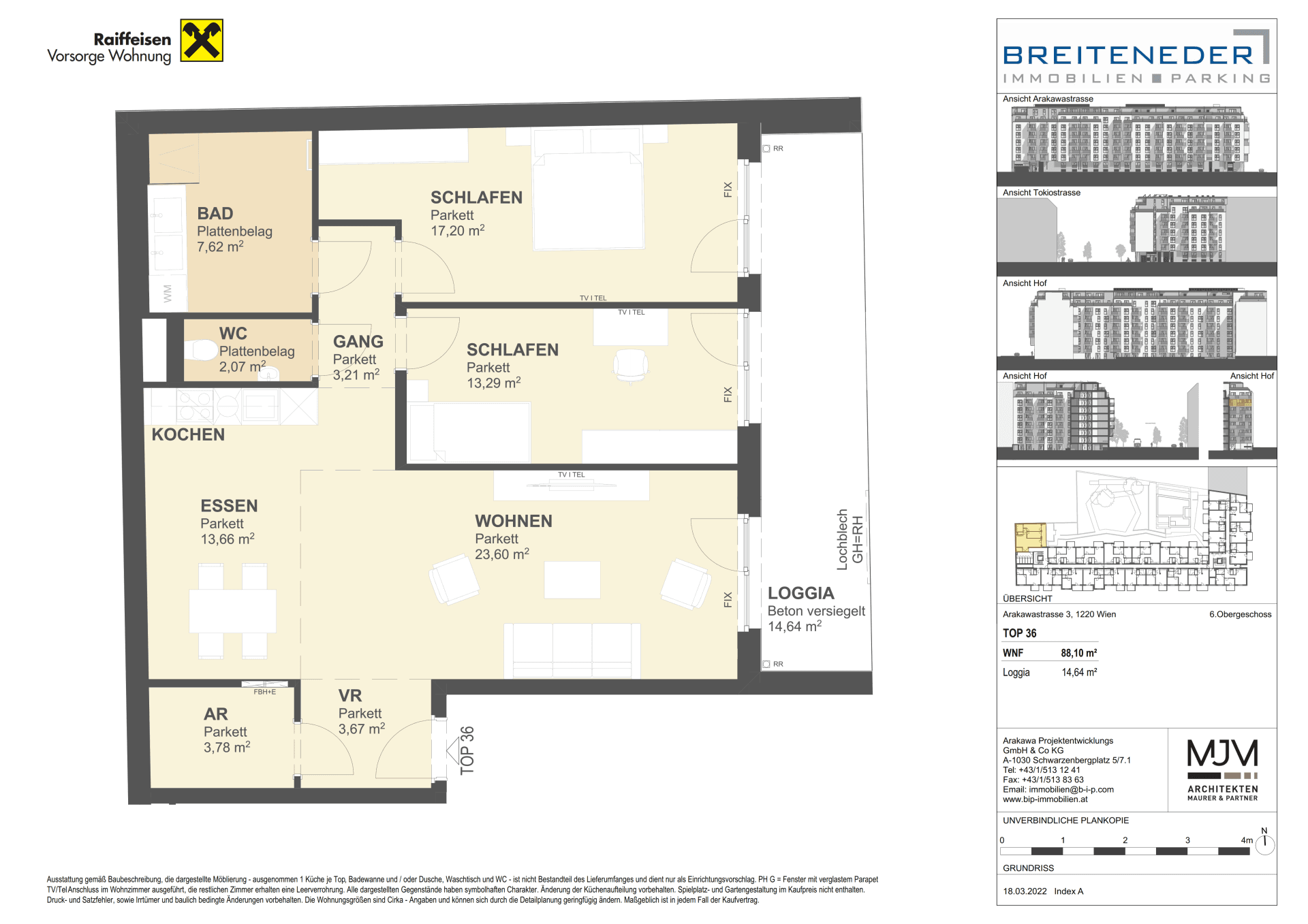 Detaillierter Grundriss einer Wohnung mit drei Schlafzimmern und Loggia.