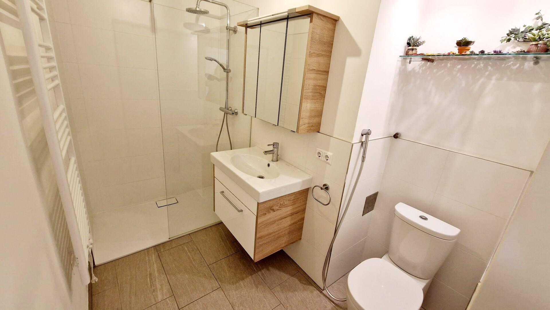 Modernes Badezimmer mit ebenerdiger Dusche, Waschbecken und WC.