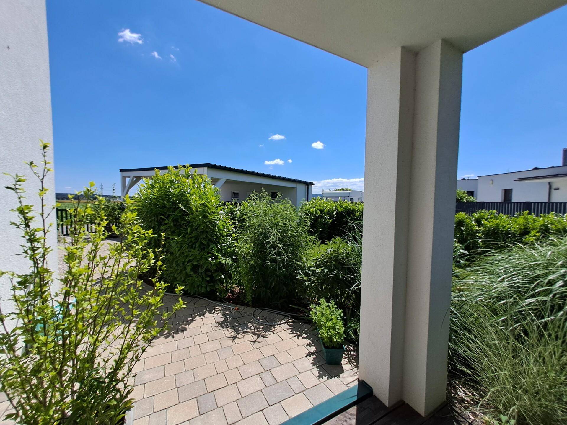 Gepflasterter Bereich im Garten, umgeben von üppigem Grün und sorgfältig gepflegten Sträuchern.