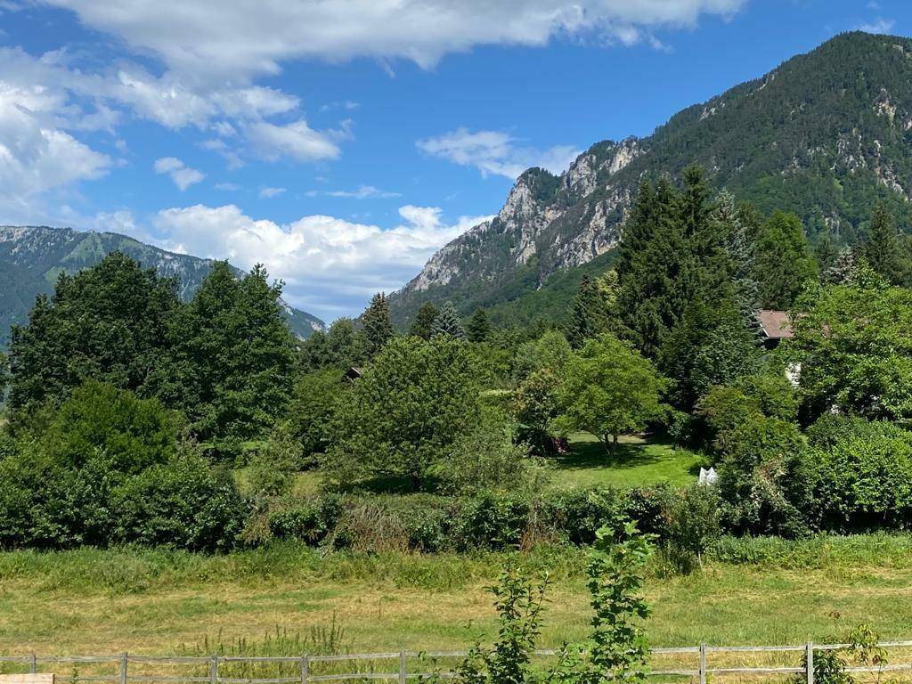 Malerische Landschaft mit grünen Wiesen, dichten Wäldern und imposanten Bergen unter blauem Himmel.