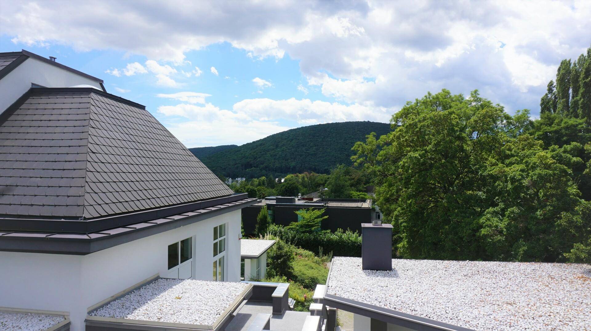Dachlandschaft einer modernen Villa mit Blick auf bewaldete Hügel und weite Natur.