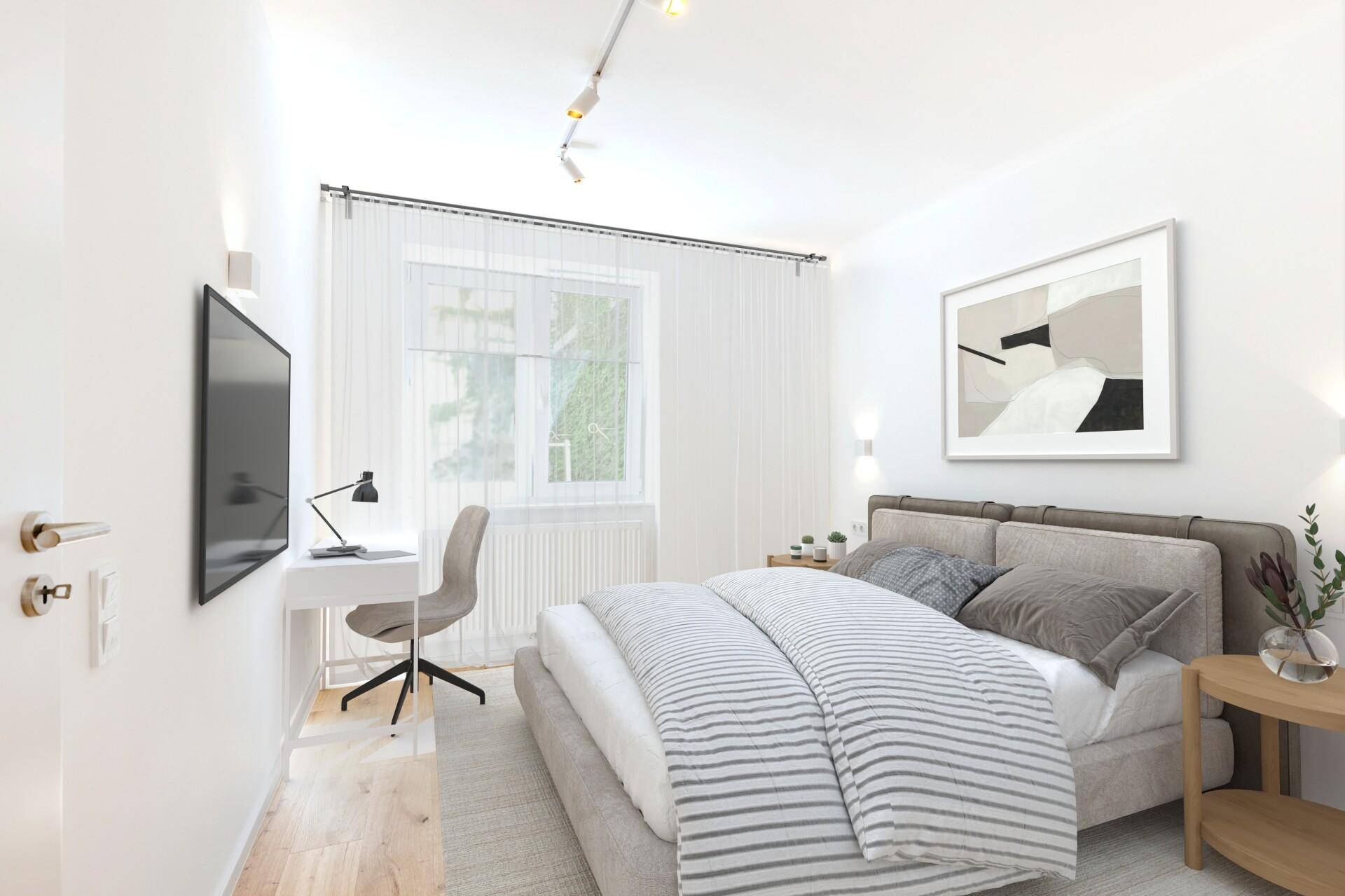 Modern eingerichtetes Schlafzimmer mit Doppelbett, Schreibtisch und Fernseher, bietet Komfort und Funktionalität.