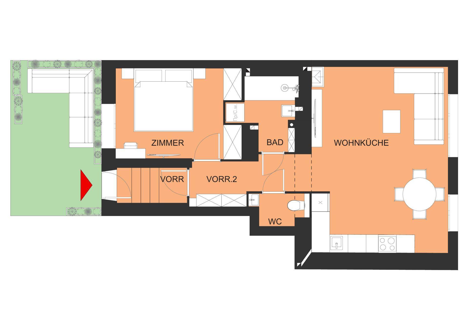 Grundrissplan einer Wohnung mit offenem Wohn-Küchenbereich, Schlafzimmer, Bad und Garten.