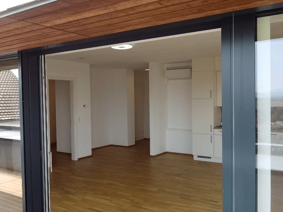 Heller, offener Wohnbereich mit Holzboden, integrierter Küchenzeile und Zugang zur Terrasse.
