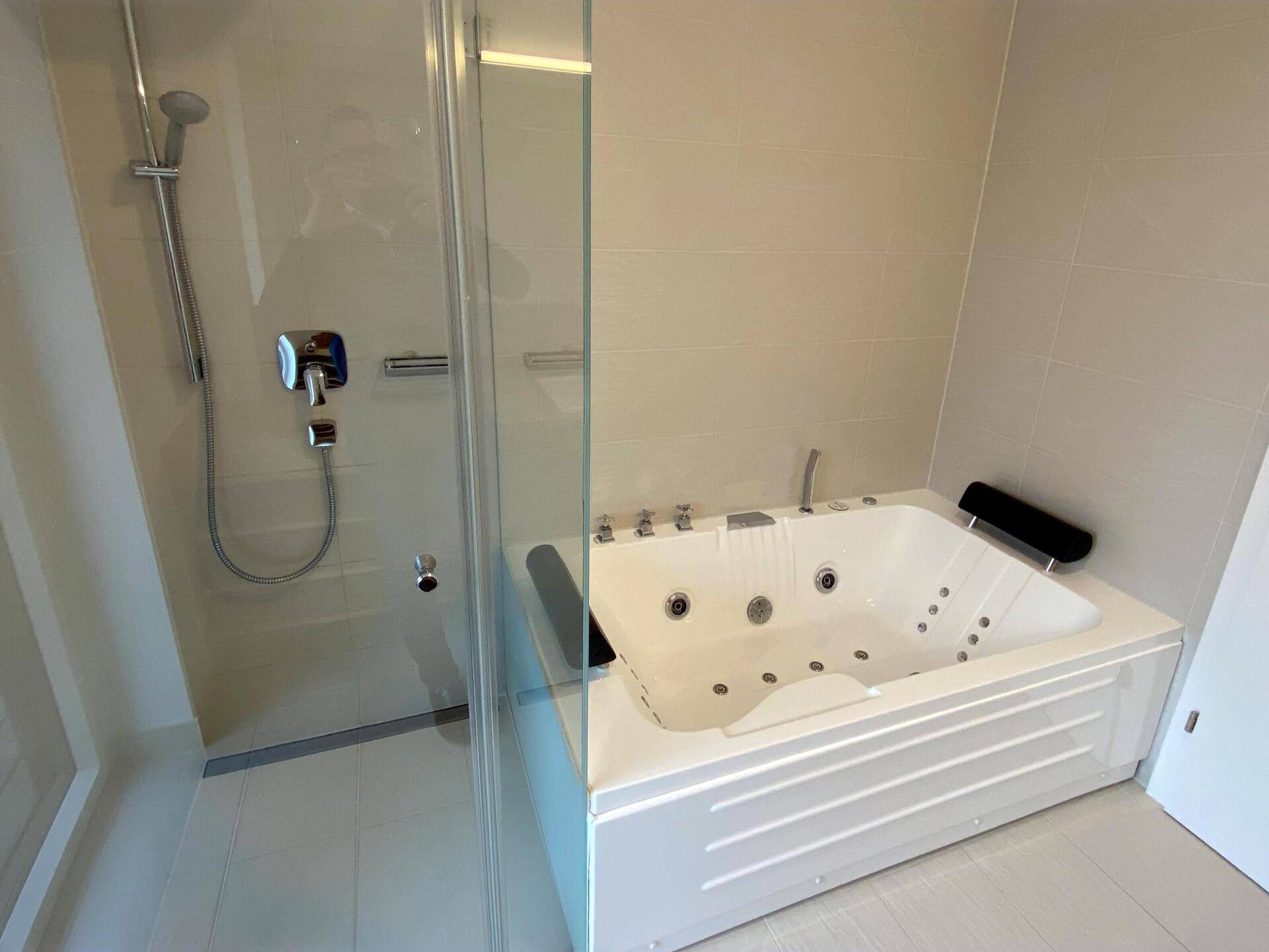 Modernes Badezimmer mit begehbarer Dusche und integriertem Whirlpool für Entspannung.