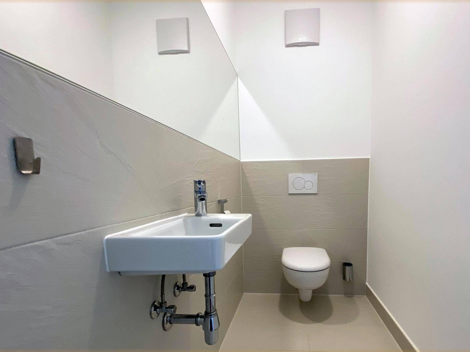 Kleines Gäste-WC mit modernem Wand-WC und elegantem Waschbecken.