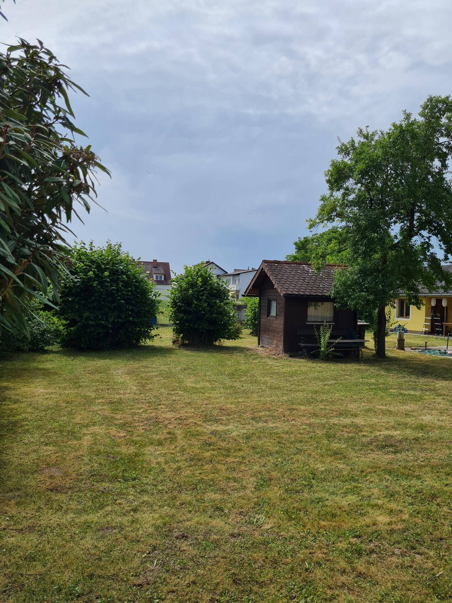 Gepflegter Garten mit Rasenfläche, Sträuchern und einem charmanten Holzgartenhaus.