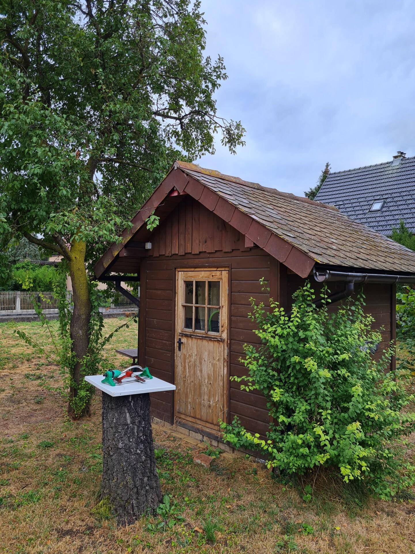 Detailansicht eines rustikalen Gartenhauses aus Holz mit kleinem Fenster und Tür.