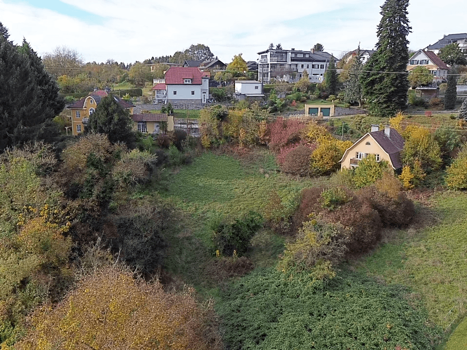 Luftaufnahme eines Hauses auf einem bewachsenen Hanggrundstück mit Herbstlaub und weiteren Häusern im Hintergrund.