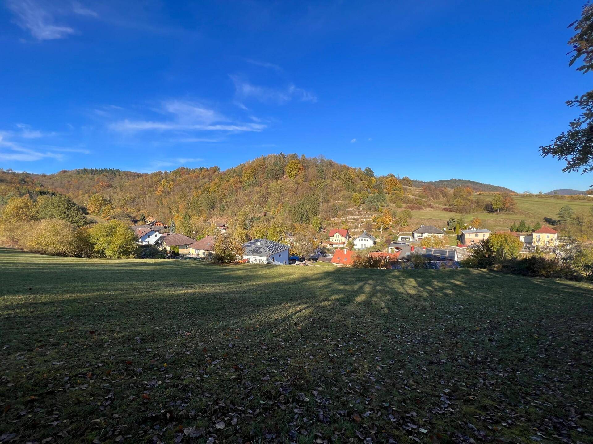 Weitläufige grüne Wiese mit einem malerischen Dorf im Tal und bewaldeten Hügeln im Hintergrund unter blauem Himmel.