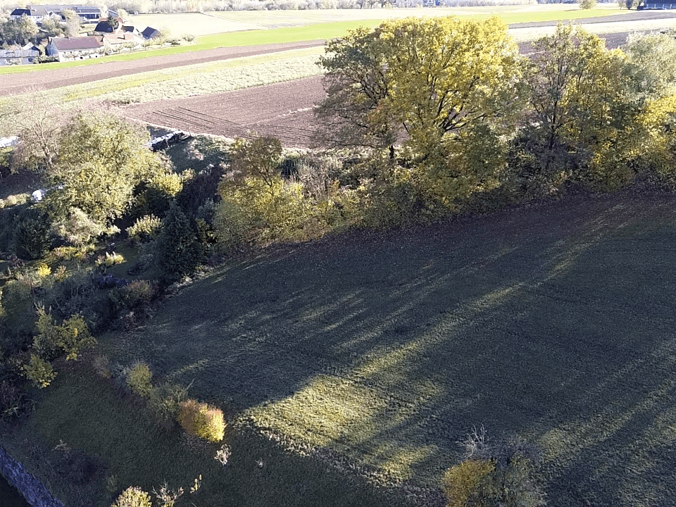 Luftaufnahme einer grünen Wiese, umgeben von Bäumen und landwirtschaftlichen Feldern, mit einem Dorf im Hintergrund.