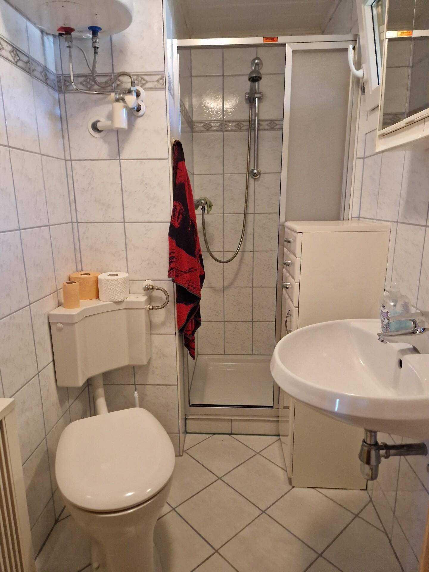 Kleines Badezimmer mit Dusche, WC und Waschbecken, komplett gefliest in hellen Farben.