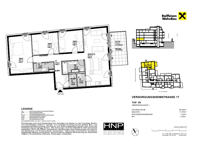 Detaillierter Grundriss der Wohnung TOP 09 mit Balkon und klarer Raumaufteilung.