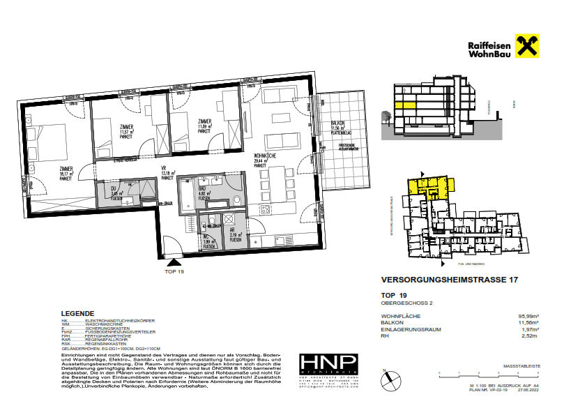 Grundriss einer modernen Wohnung mit offener Wohnküche, mehreren Zimmern und Balkon, inklusive Lageplan im Gebäude.