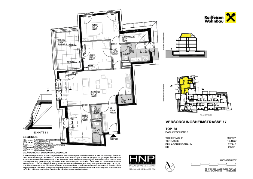 Grundriss der Dachgeschosswohnung Top 38 mit Wohnküche, drei Zimmern und Terrasse.
