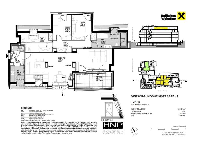 Grundriss einer Dachgeschosswohnung mit drei Zimmern, offener Wohnküche und großer Terrasse.