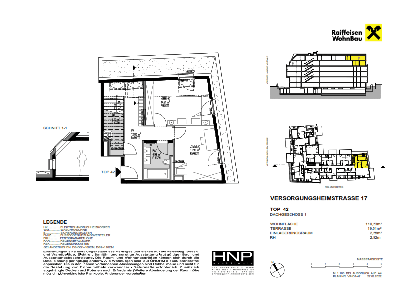 Grundriss von Top 42, Dachgeschoss 1, mit Wohnbereich, Schlafzimmer, Bad und Terrasse, inklusive Schnittansicht.