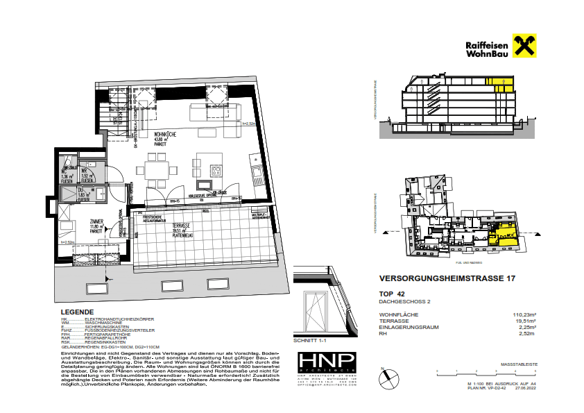 Grundriss von Top 42, Dachgeschoss 2, mit offenem Wohn-Ess-Küchenbereich, Schlafzimmer, Bad und Terrasse.