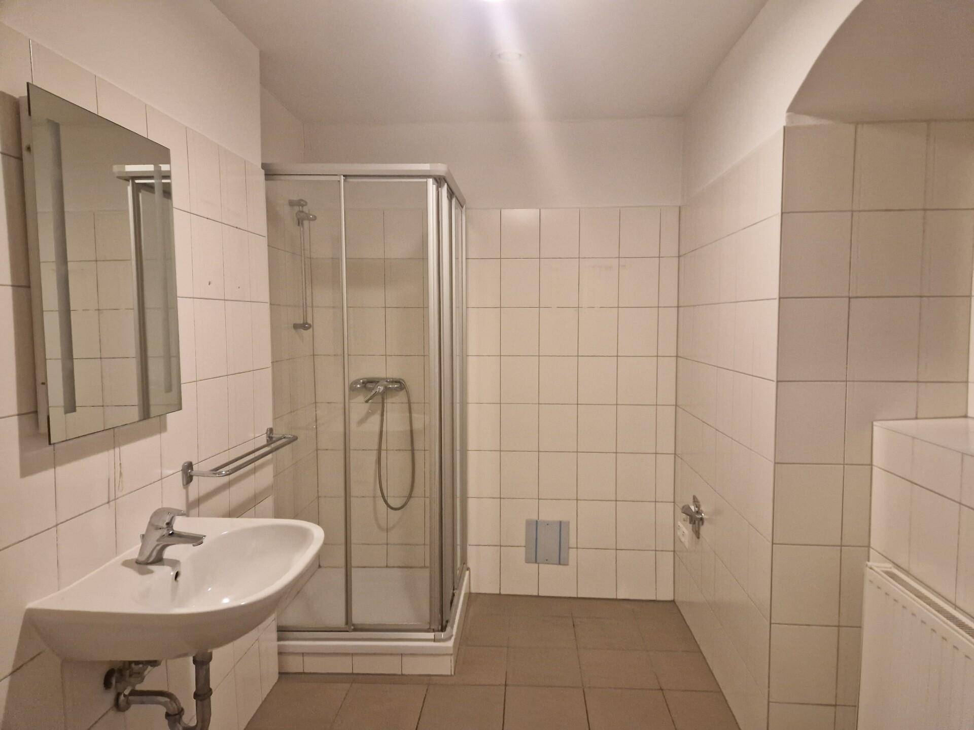 Badezimmer mit Duschkabine, Waschbecken und weißen Fliesen, mit Haltegriffen an der Wand.