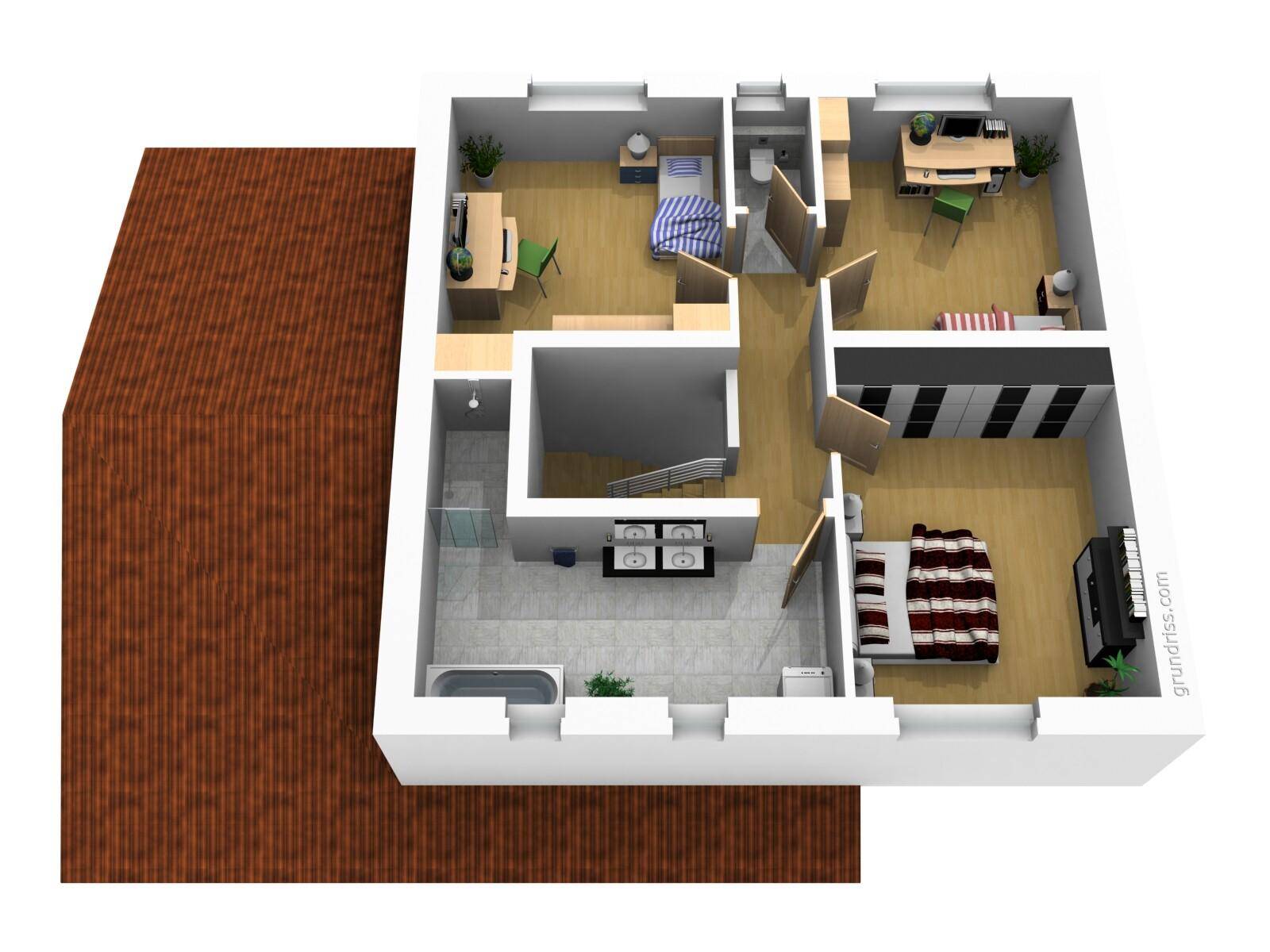 3D-Grundriss des Obergeschosses mit Schlafzimmern und zwei Bädern.