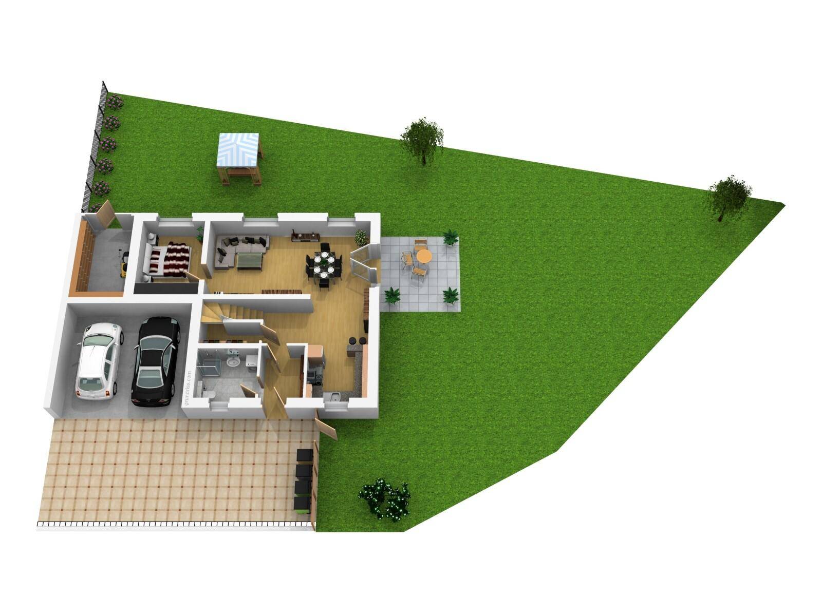 3D-Grundriss des Erdgeschosses mit offenem Wohnbereich, Garage und Garten.