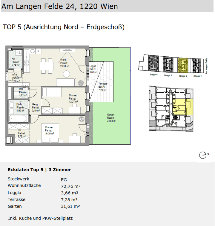 Grundriss der Wohnung TOP 5 mit drei Zimmern, Loggia, Terrasse und Garten.
