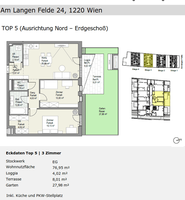 Grundriss einer 3-Zimmer-Wohnung im Erdgeschoss mit Loggia, Terrasse und Garten.