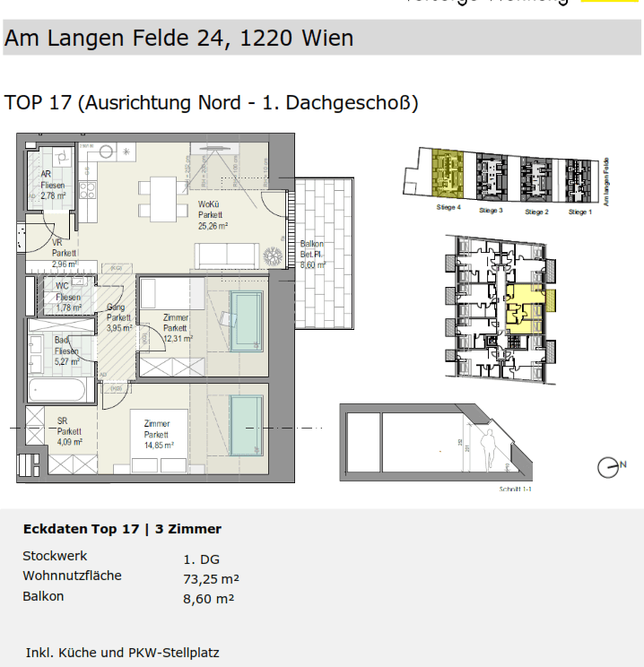 Detaillierter Grundriss der Wohnung TOP 17 mit drei Zimmern und Balkon.