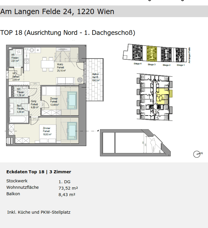Grundriss einer Wohnung mit offenem Wohnbereich, zwei Schlafzimmern, Bad, separatem WC und Balkon.