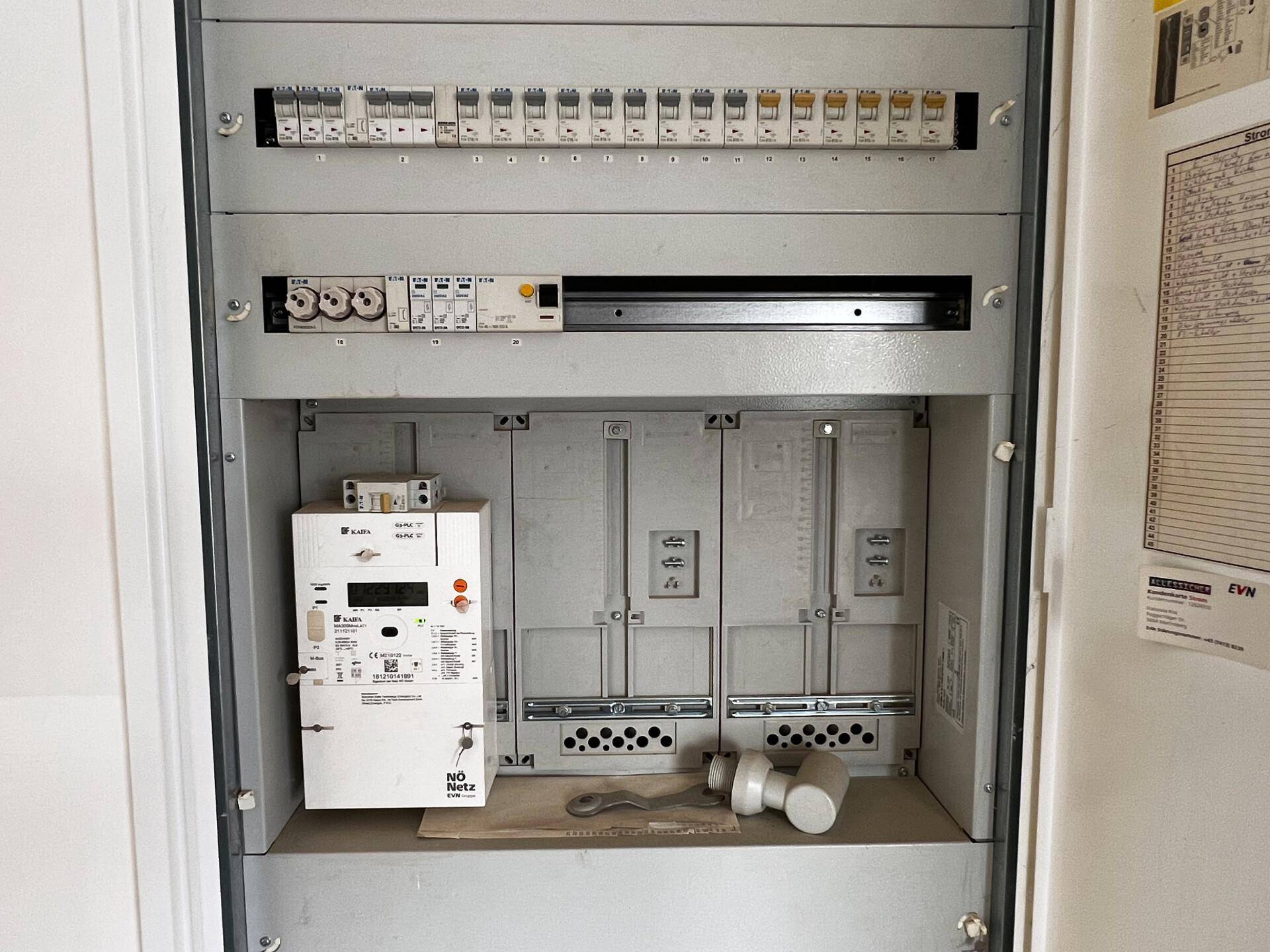 Elektrischer Sicherungskasten und Zähler in einem Hauswirtschaftsraum.