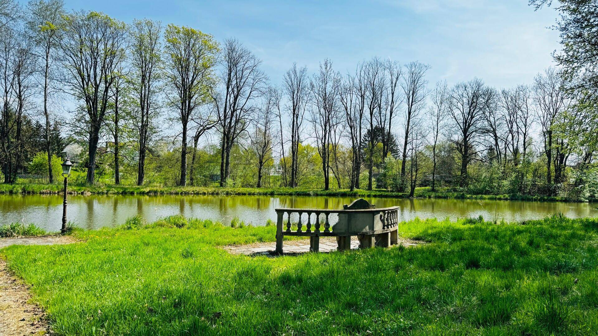 Eine steinerne Bank am Ufer eines ruhigen Teiches, umgeben von Bäumen und grünem Gras.
