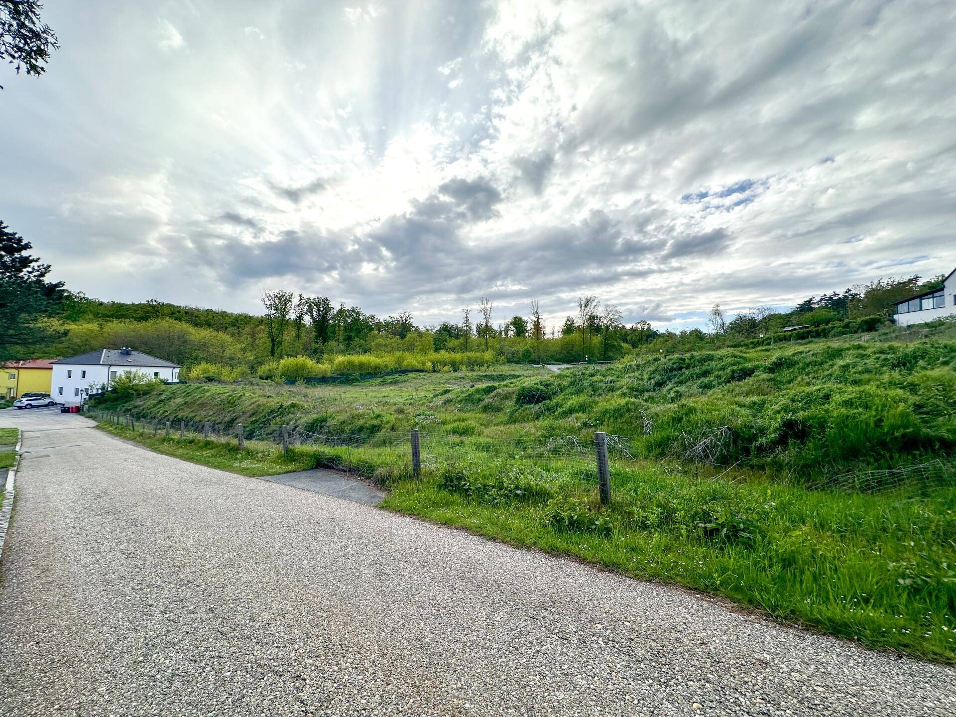 Schotterweg führt entlang eines weitläufigen, grünen Grundstücks mit einem Gebäude in der Ferne unter bewölktem Himmel.