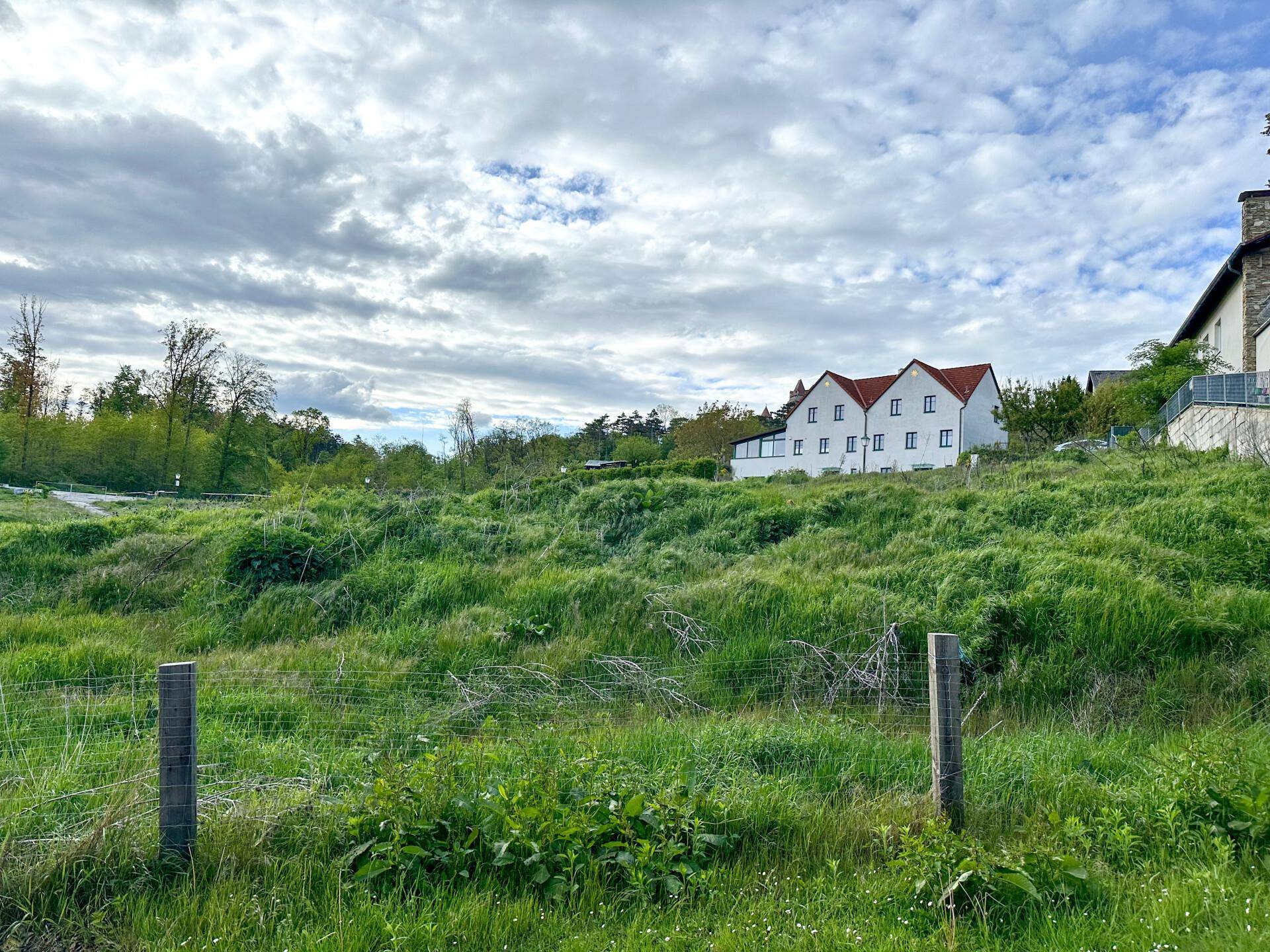 Weitläufiges, grünes Grundstück mit Drahtzaun und Wohnhäusern im Hintergrund unter einem bewölkten Himmel.