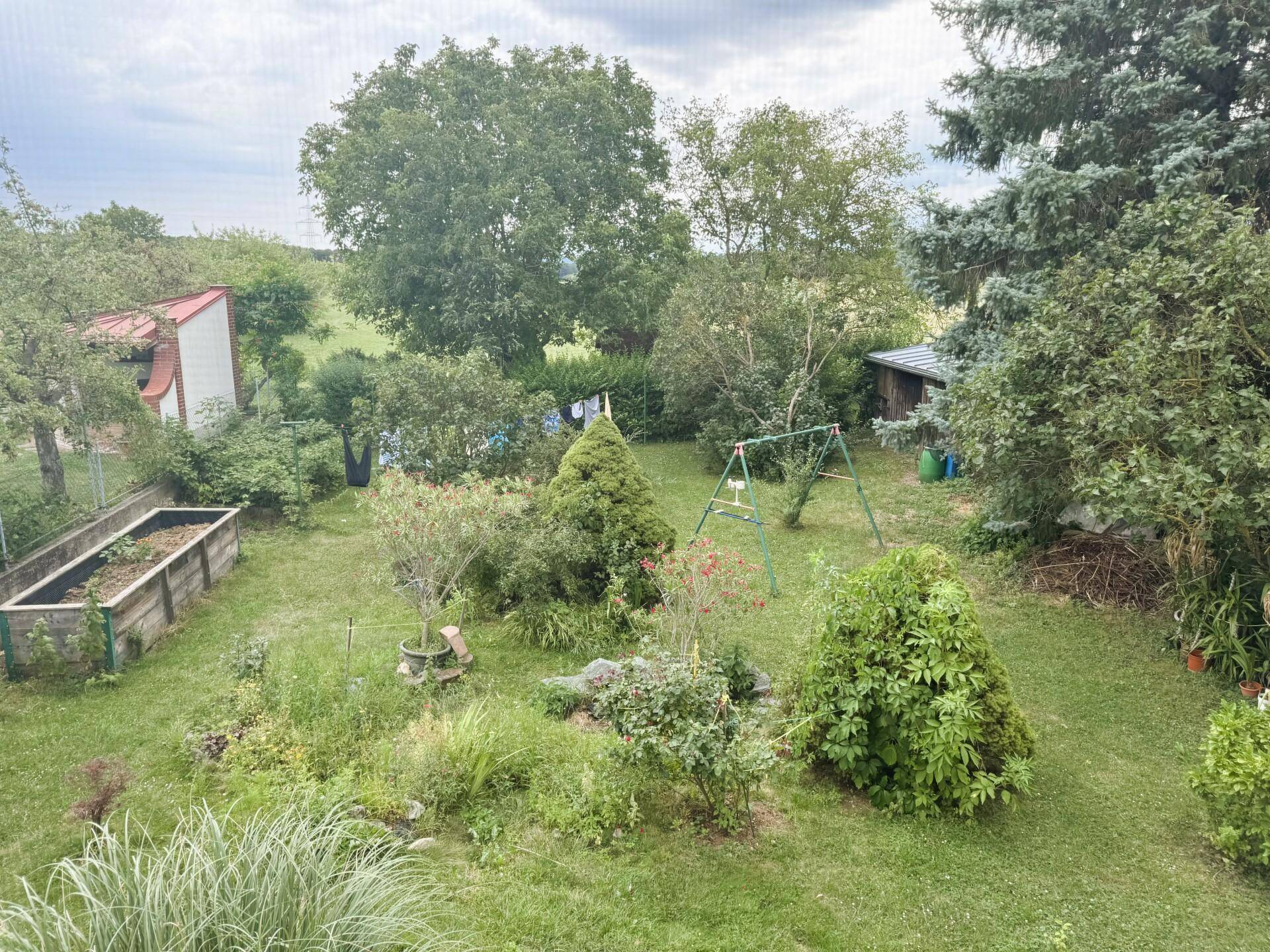 Ausblick in den Garten und angrenzendes Grünland