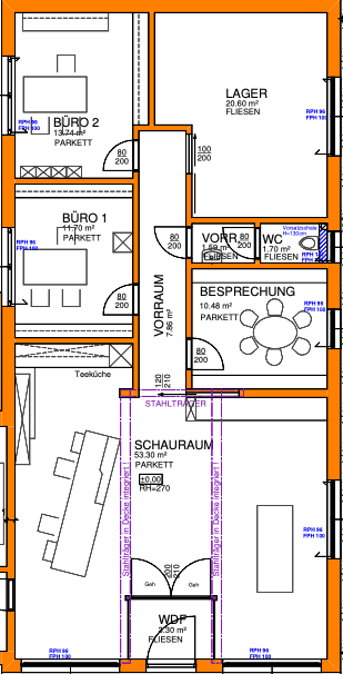 Detaillierter Grundriss des Erdgeschosses mit Büros, Lager, Besprechungsraum und Teeküche.