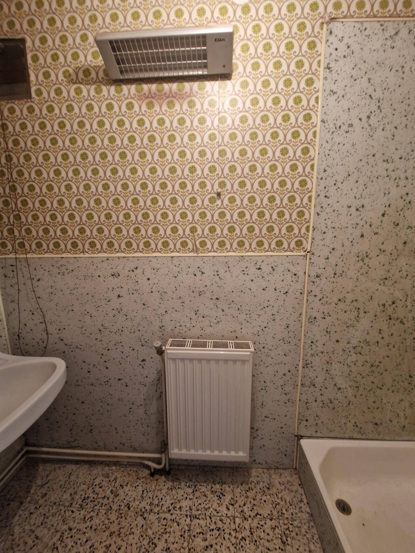 Badezimmer mit Heizstrahler, Heizkörper und gemusterten Wandfliesen.