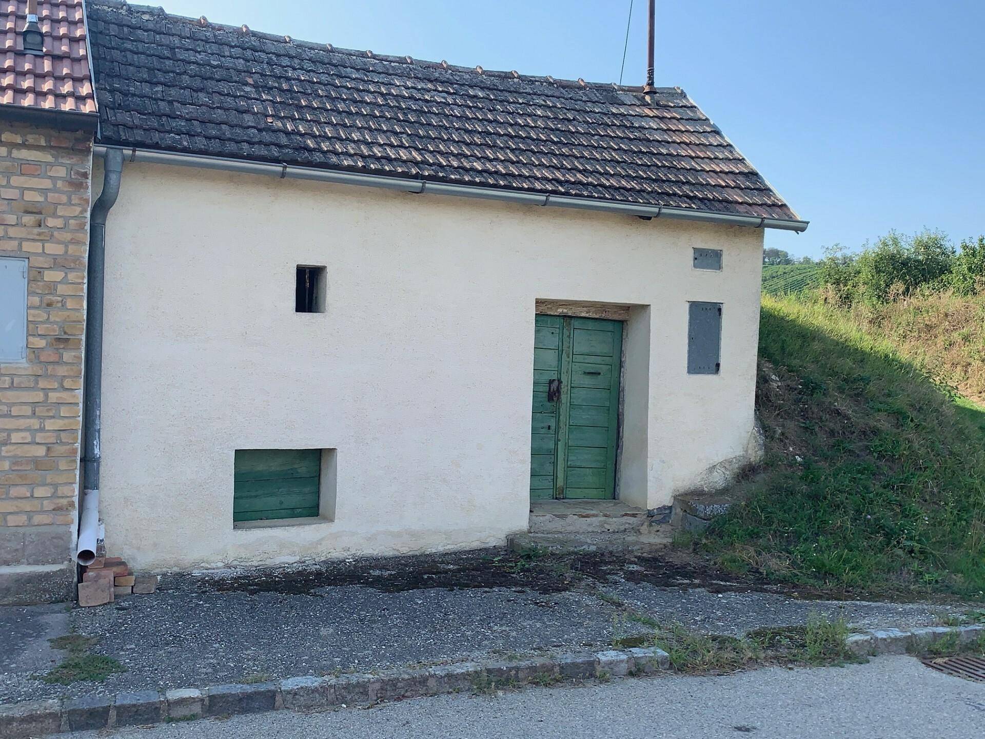 Kleines Nebengebäude mit grünen Türen und Hanglage, umgeben von Natur.