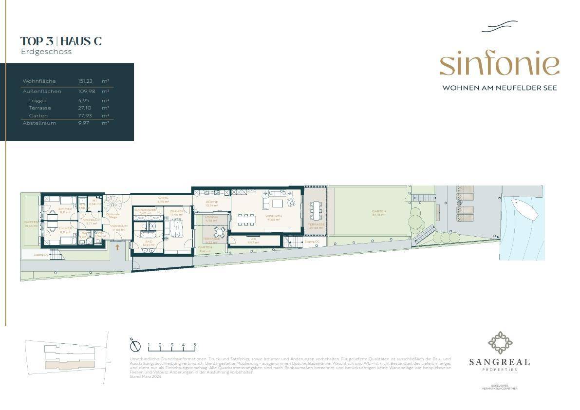 Detaillierter Grundriss des Erdgeschosses mit Wohnfläche, Loggia, Terrasse und Garten.