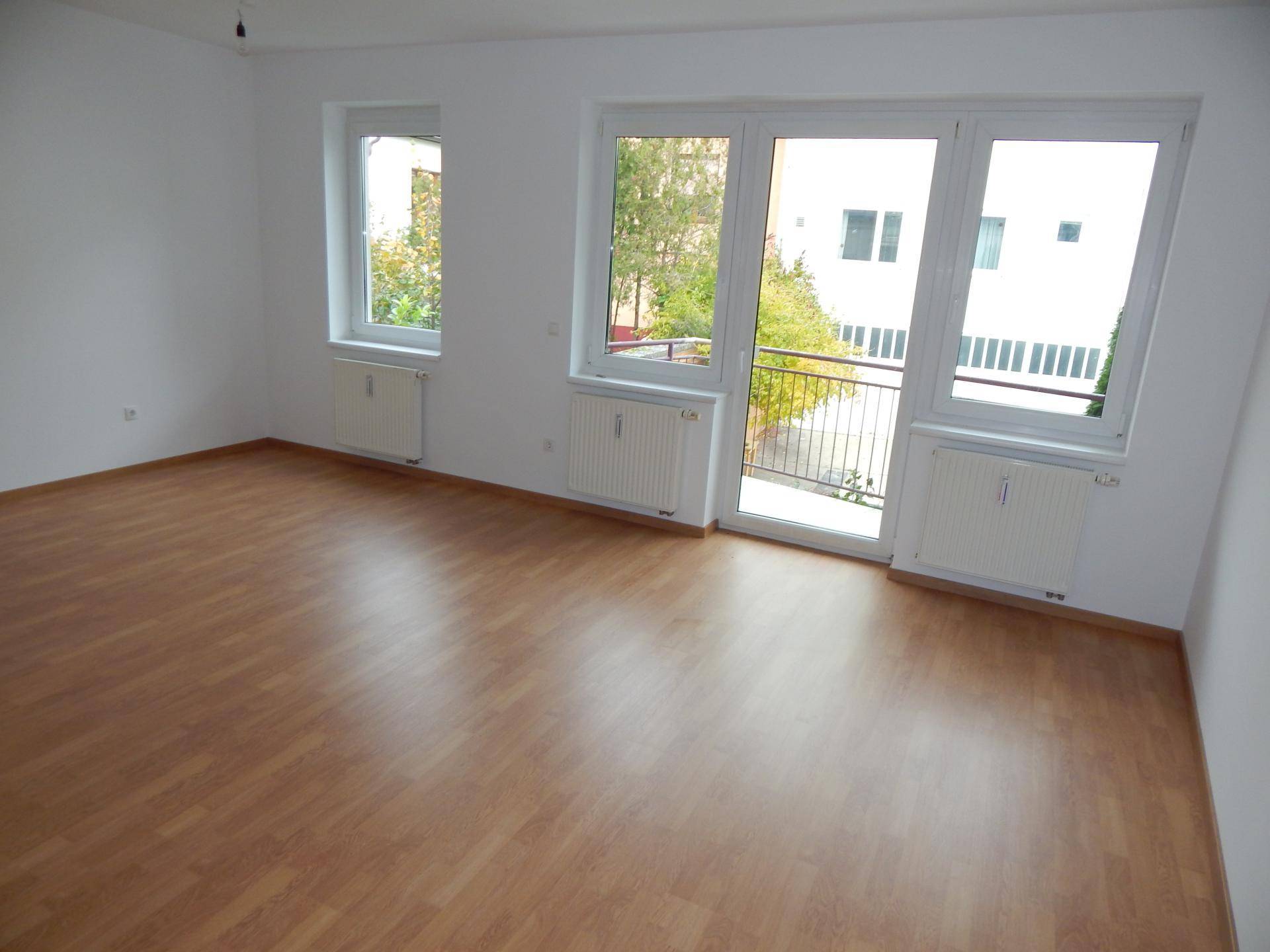 Heller, leerer Raum mit Laminatboden und Zugang zu einem französischen Balkon.