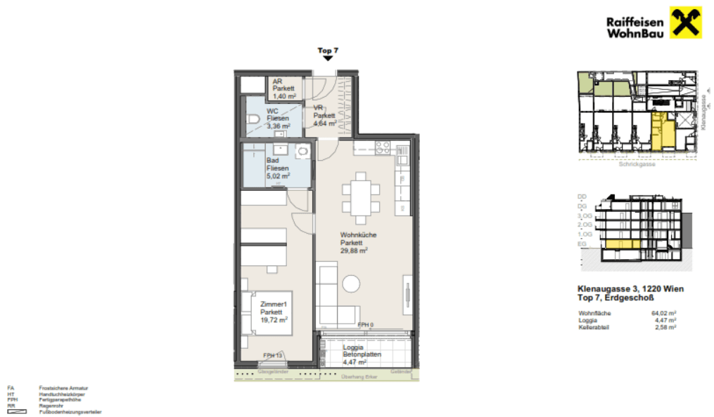 Grundrissplan einer Wohnung mit offener Wohnküche, einem Schlafzimmer, Bad, separatem WC und Loggia.