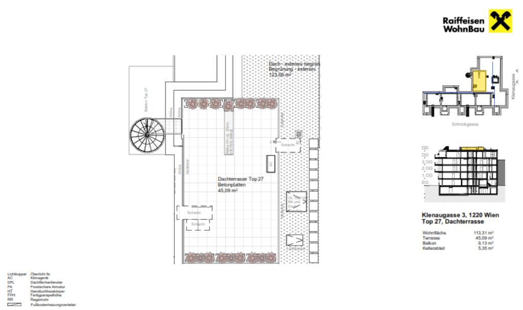 Grundriss der großzügigen Dachterrasse Top 27 mit 45,09 m² und Begrünung.