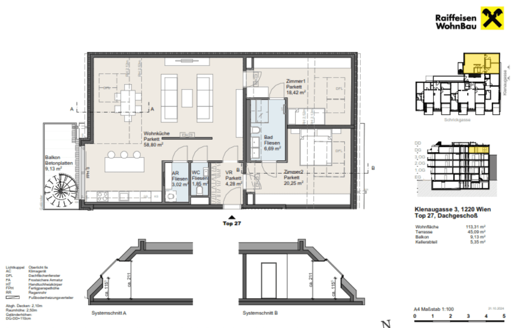 Detaillierter Grundriss der Dachgeschosswohnung Top 27 mit offenem Wohnbereich, zwei Schlafzimmern und Balkon.