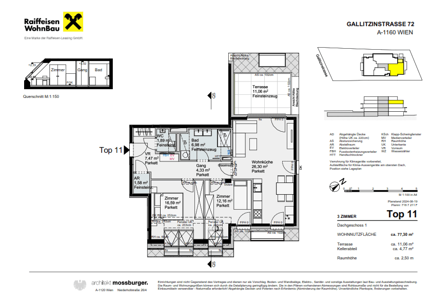 Grundriss einer Dachgeschosswohnung mit drei Zimmern, offener Wohnküche, Terrasse und Bad.