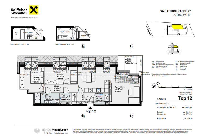 Detaillierter Grundriss der Dachgeschosswohnung mit drei Zimmern und Balkon.
