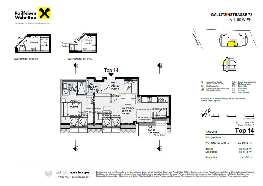 Grundriss einer Dachgeschosswohnung mit offenem Wohnbereich, Balkon und separatem WC.